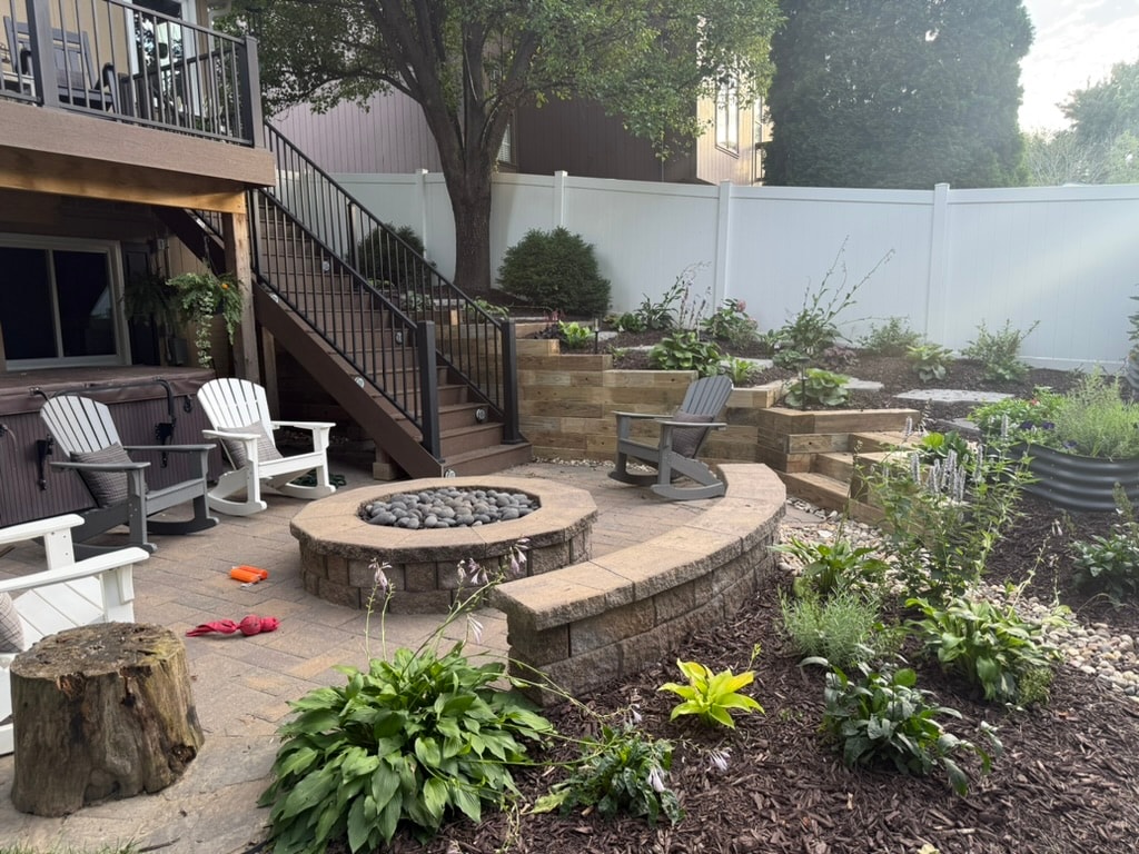 Paver patio with built-in fire pit and seating wall